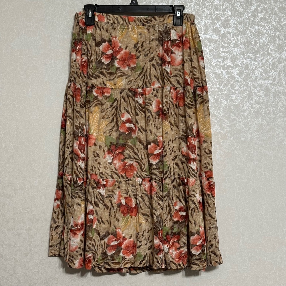 Alfred Dunner Brown Animal Red Floral‎ Tiered Midi Skirt Elastic Waist Lined 12